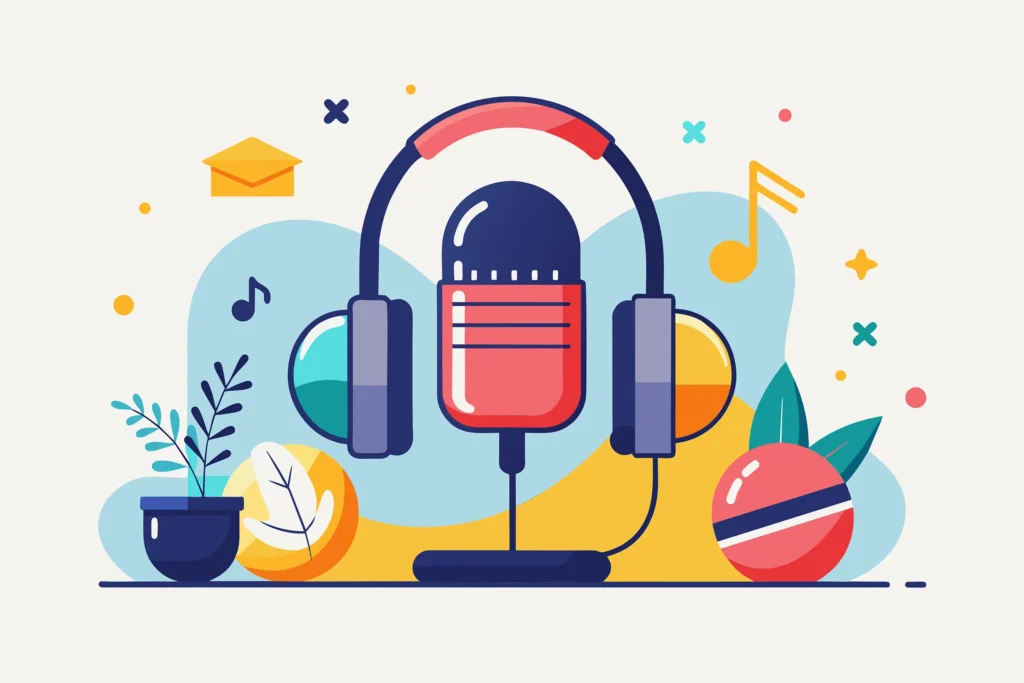 Ein Mikrofon mit Kopfhörern, das darauf platziert ist, bereit für die Aufnahme oder das Hören von Audio-Podcast-Projekten, die im Trend sind Einfache und minimalistische flache Vektorillustration